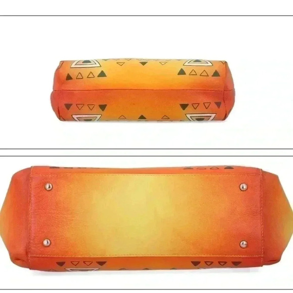 SUKRITI Set of 3, Orange & Yellow Geometric Hand Painted Leather Tote Bag - Picture 3 of 8